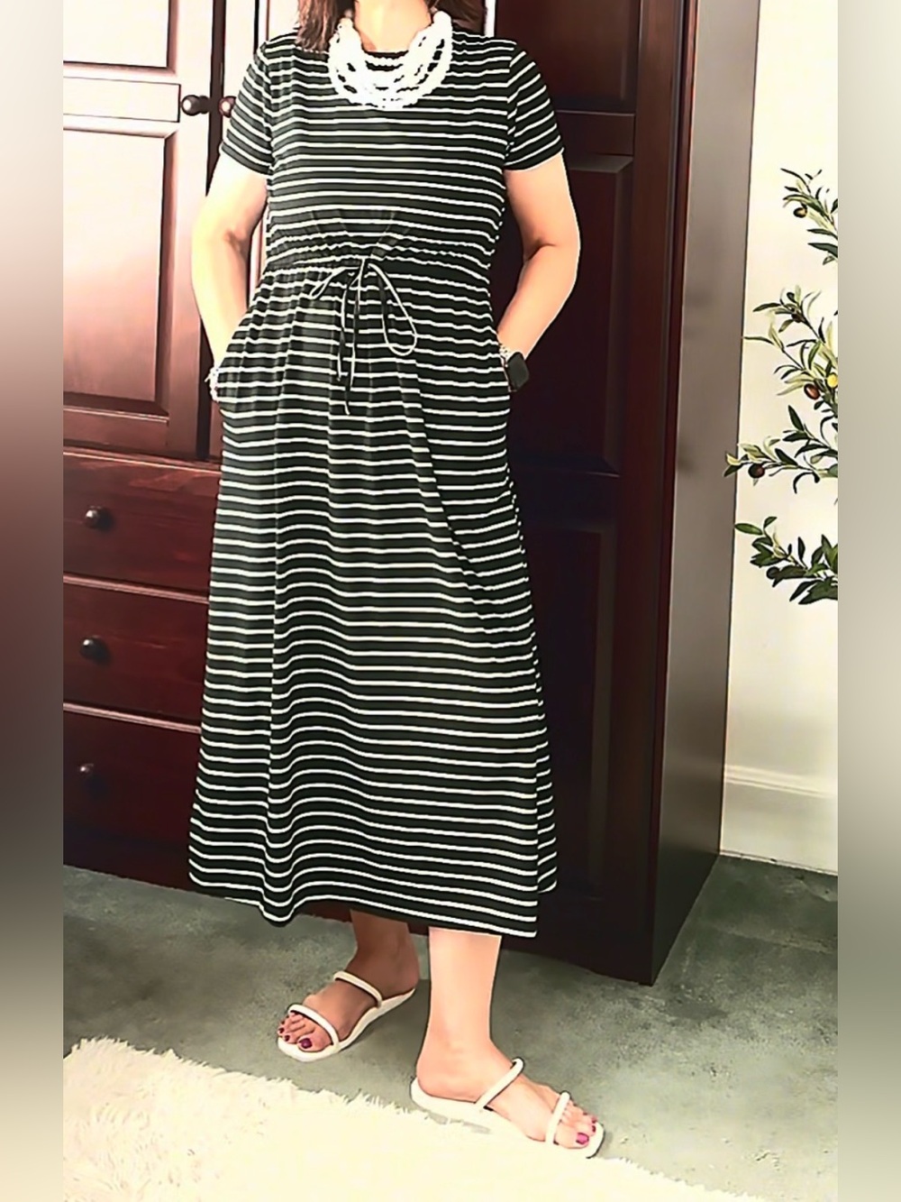 Black & White Striped Midi T-Shirt Dress